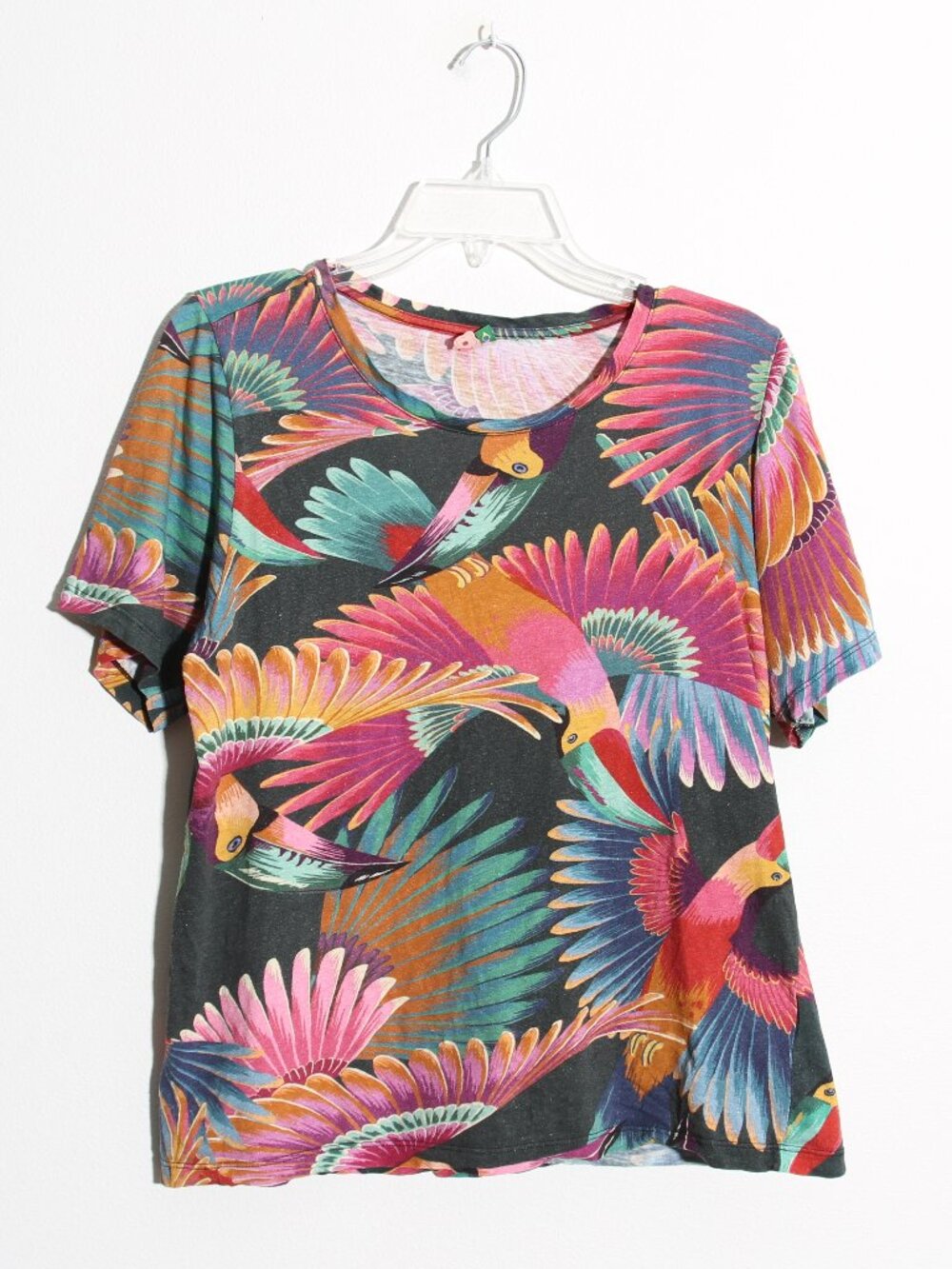 Farm Rio Cotton Linen Multicolored Floral Toucan Short Sleeve Tee T-Shirt Medium
